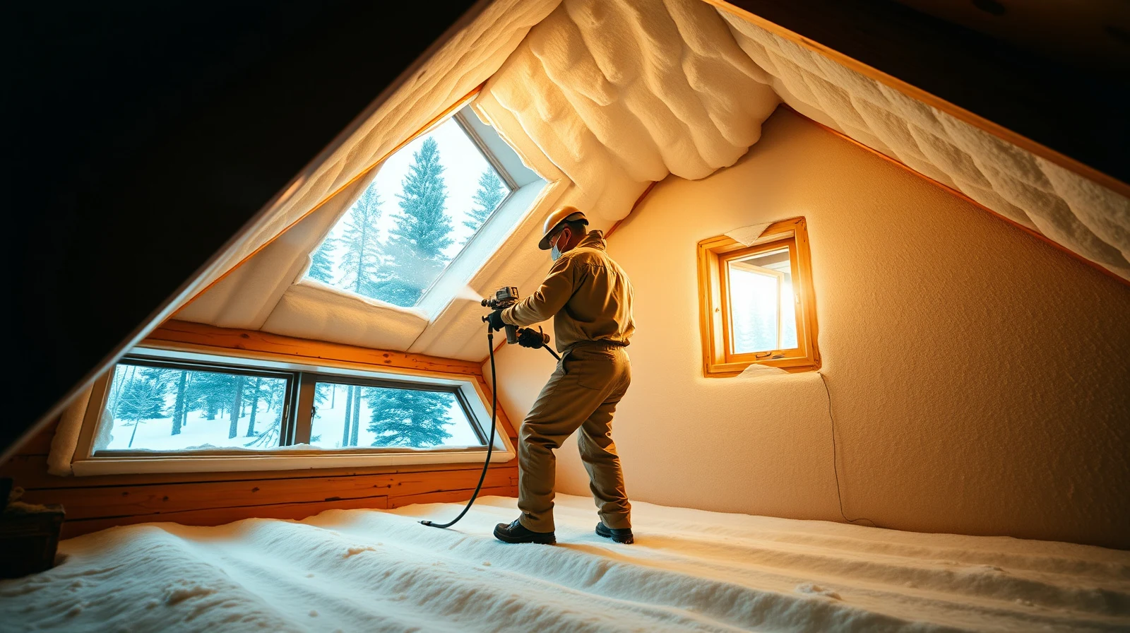 Technician spray-applying closed-cell spray foam insulation into an attic roof deck in Pinetop-Lakeside, Arizona