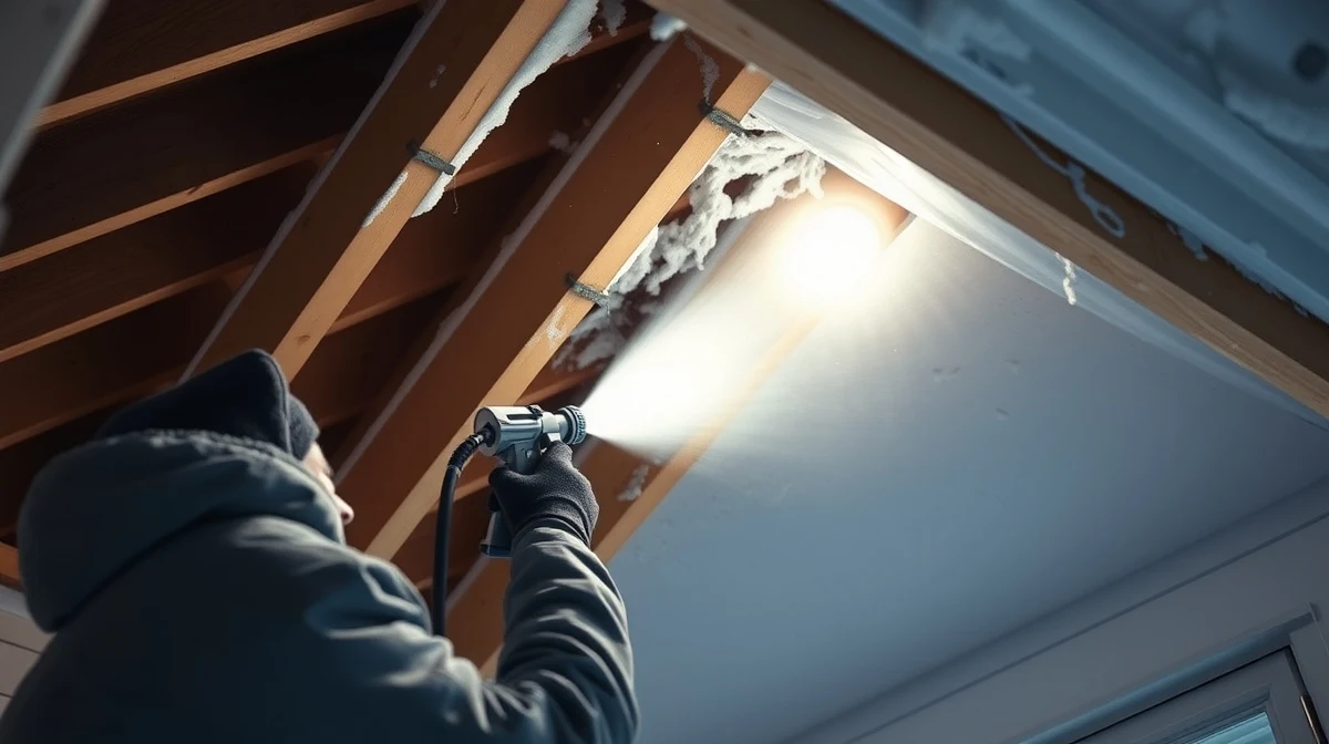 Technician spraying foam insulation onto an attic roof deck